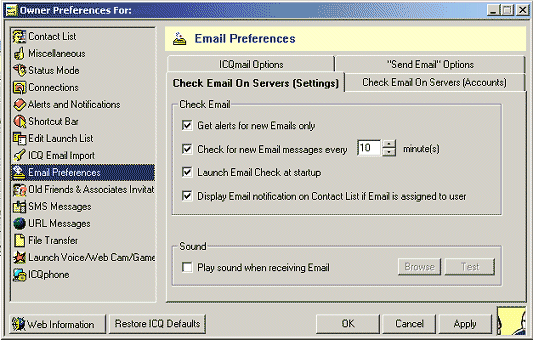 Email Preferences Window