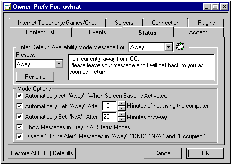 ICQ Preferences - Status tab